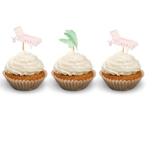 Watercolor Summer Cupcake Toppers: Beach Palm Theme - Set of 12