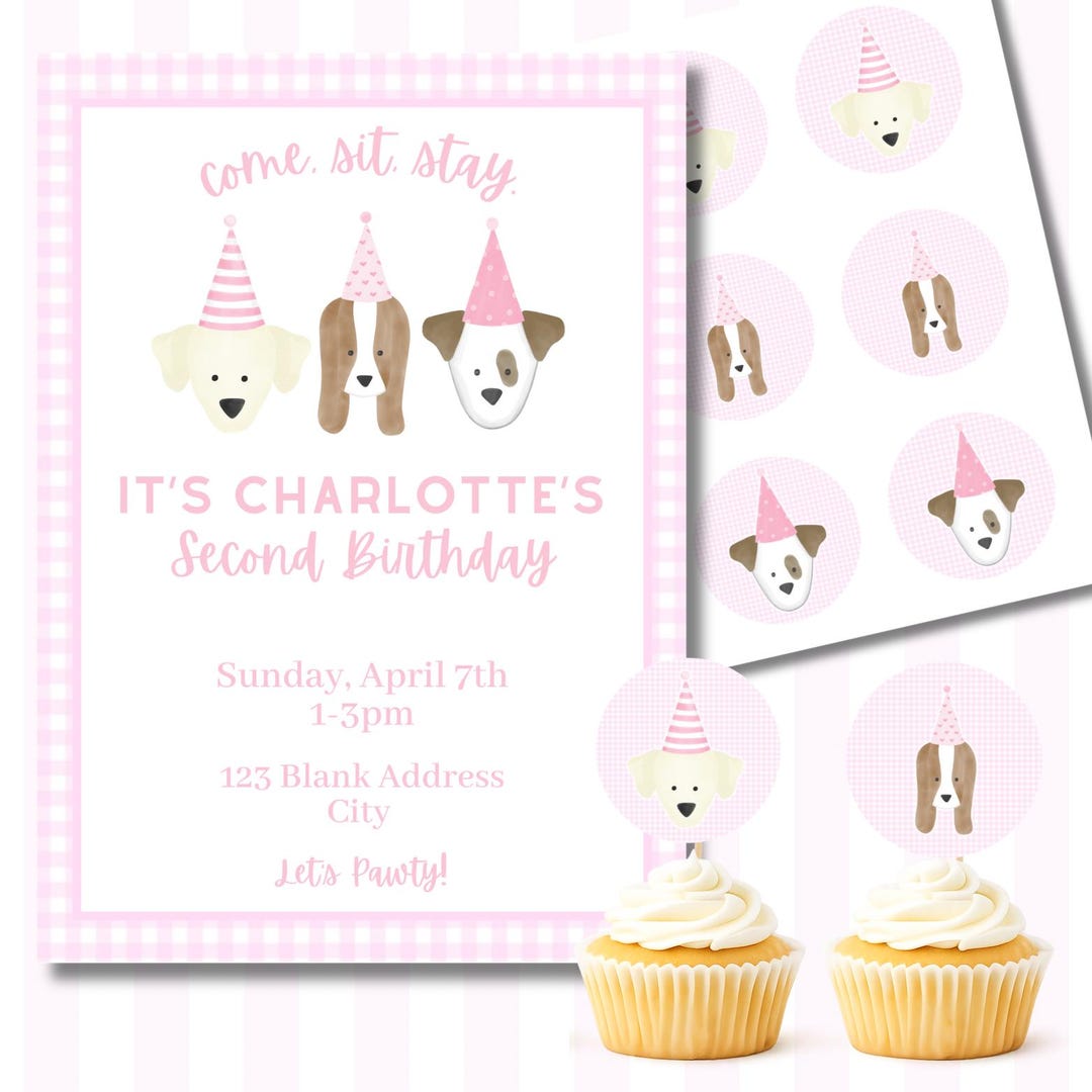 Pink Puppy Dog Birthday Invitation + Cupcake Toppers | Pink Gingham ...