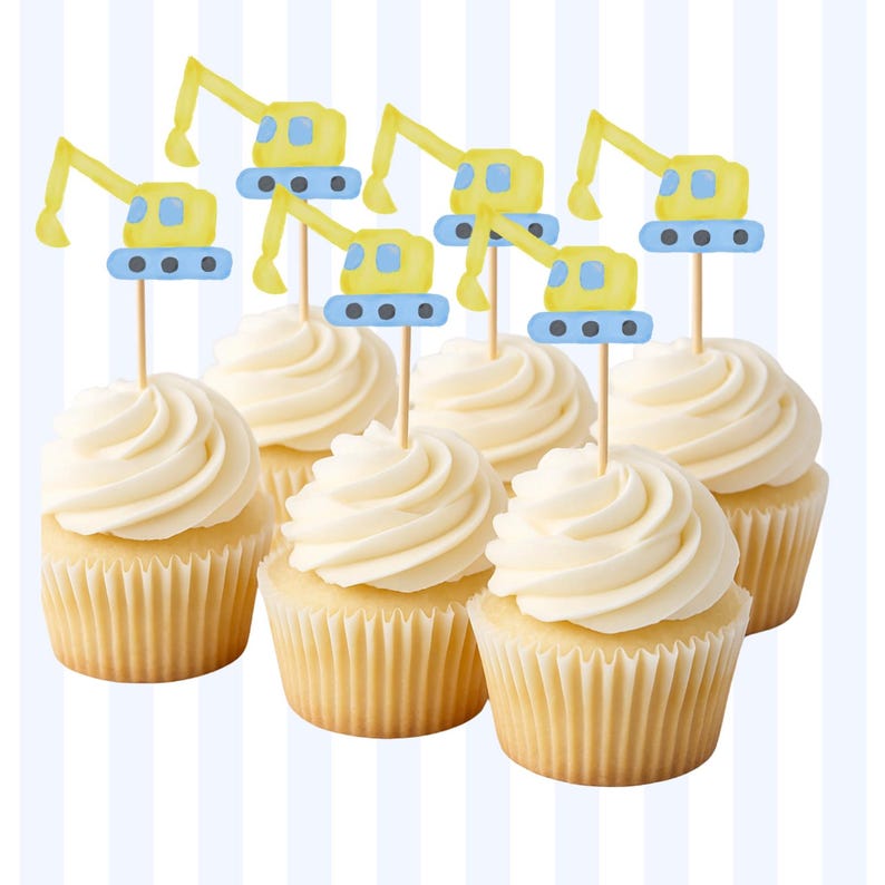 Excavator cupcake Toppers / construction party supplies / construction toppers / construction birthday / trucks / excavator party / blippi image 1