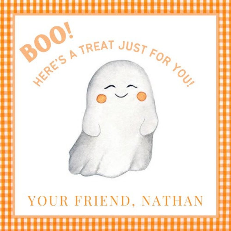 May include: A Halloween-themed card featuring a smiling white ghost with orange cheeks. The card has the text "BOO! HERE'S A TREAT JUST FOR YOU!" and "YOUR FRIEND, NATHAN" in orange text, set against a white background with an orange gingham border.