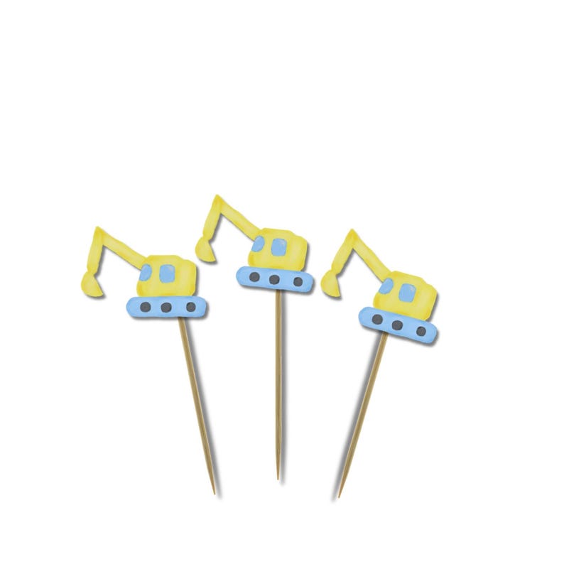 May include: Three yellow and blue excavator-shaped cupcake toppers on wooden sticks. The toppers have a blue base with three small dots and a yellow arm. The background is white.