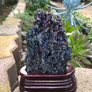 Raw Berthierite Cluster with Wooden Stand Vibrant Colorful image 1