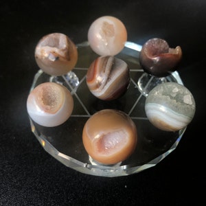 7 Pieces Mini Chakra Agate Druzy Crystal Ball Open Mouth Sphere Set w/7 Star Plate Polished