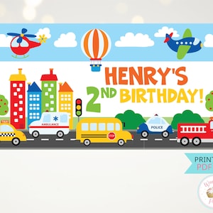 Banner de cumpleaños con tema de transporte, telón de fondo con nombre de cumpleaños con tema de camión y automóvil, decoración de pared personalizada para fiesta de transporte de niño de segundo cumpleaños