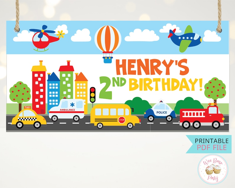 Transportation Birthday Banner, Truck Car Theme Birthday Name Banner Backdrop, Personalized 2nd Birthday Boy Transportation Party Wall Decor image 1