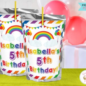 Rainbow Balloons Birthday Drink Pouches Juice Labels,  Rainbow Birthday Party Favors, Printable Rainbow Birthday Decorations - .PDF