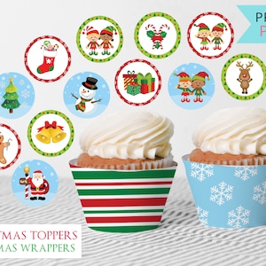 Christmas Cupcake Toppers & Wrappers Set, Printable Christmas Party Treats Cupcake Decorations, Birthday Winter Baking Holiday Party Favors