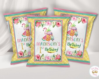 Sacchetti per patatine per feste di compleanno a tema luau hawaiano, etichette stampabili per sacchetti di patatine per feste tropicali, decorazioni personalizzate per feste di compleanno a tema luau in spiaggia e bomboniere - PDF