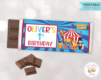 Circus Birthday Candy Bar Wrappers, Circus 1st Birthday Party Chocolate Candy Bar Labels, Personalized Circus Party Favors & Decorations