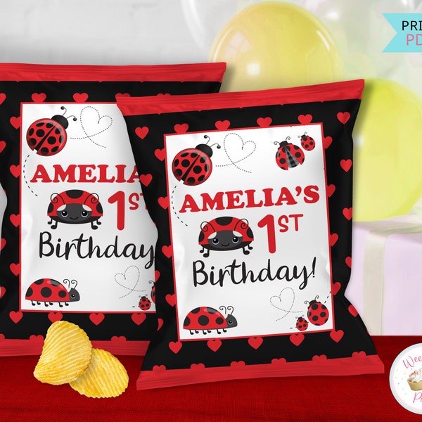 Ladybug Chip Bag Labels Birthday Printable, 1 Year Old Birthday Ladybug Favors Custom Chip Bags, Ladybug Baby Girl Party Decorations - PDF