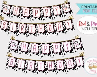 Cow Print Happy Birthday Banner, Printable Cow Birthday Decor Flag Banner, Cow Birthday Party Bunting Wall Hanging - INSTANT DOWNLOAD
