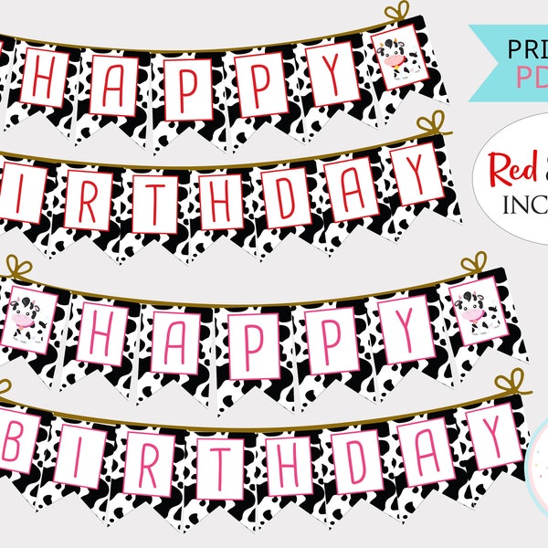 Cow Print Happy Birthday Banner, Printable Cow Birthday Decor Flag Banner, Cow Birthday Party Bunting Wall Hanging - INSTANT DOWNLOAD