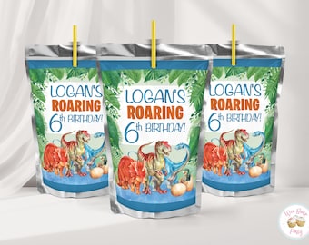 May include: Three silver foil drink pouches with yellow straws, each featuring a jungle-themed label with green leaves, dinosaur illustrations, and the text LOGAN'S ROARING 6th BIRTHDAY! The design includes a red triceratops, a green T-Rex, and a blue long-necked dinosaur.