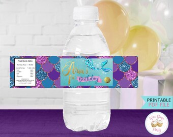 Mermaid Birthday Water Bottle Labels, Mermaid Party Printables, Mermaid First Birthday Party Decorations .PDF File