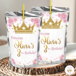 Princess Birthday Party Drink Pouches Labels, Pink and Gold Princess Party Juice Labels, Printable Princess Party Decorations -  .PDF