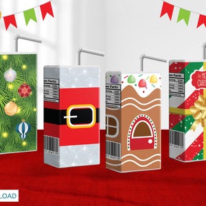 Może przedstawiać: Cztery świąteczne kartony z sokiem ze słomkami. Projekty obejmują choinkę, Świętego Mikołaja, domek z piernika i pudełko prezentowe z napisem "Merry Christmas". Widoczny jest tekst "4 Designs" i "Instant Download".