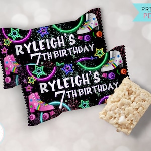 Roller Skating Party Rice Krispy Treats Labels, Roller Skate Retro 80&#39;s Birthday Rice Crispy Labels, Groovy Neon Disco Skate Party Favors