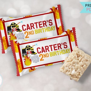 Firefighter Birthday Rice Krispie Treats, Firetruck Birthday Rice Krispy Treats Labels, Fireman Fire Engine Boy 2nd Birthday Party Favors