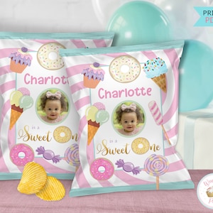 Sweet One Birthday Chip Bag Labels, Baby 1st Birthday Girl First Ice Cream Donut Party Custom Chip Bags, 1 Year Old Birthday Decorations-PDF