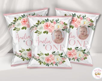 Etiquetas personalizadas para bolsas de papas fritas con temática floral para primer cumpleaños, paquetes de bolsas de papas fritas imprimibles con motivos bohemios, decoraciones para el primer cumpleaños de niña (archivo PDF)