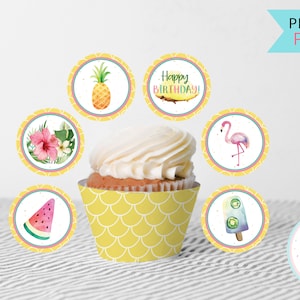 Luau Flamingo Tropical Cupcake Toppers & Wrappers, Hawaiian Pineapple Party Cupcake Decorations, Do It Yourself Printable Birthday Decor