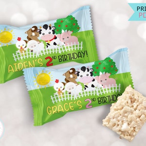 Farm Animal Birthday Rice Krispy Treats Label, Farm Themed Birthday Party Rice Crispy Labels, Printable Party Favors For Kids -  .PDF