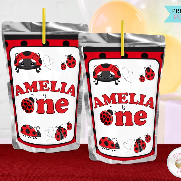 Ladybug Birthday Juice Pouch Labels, Drink Pouches Ladybug Stickers Party Printable, 1 Year Old Birthday Ladybug Favors & Decorations - PDF