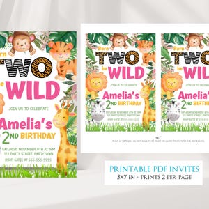 Zaproszenie na urodziny „Dwa dzikie” dla chłopca lub dziewczynki na drugie urodziny, zaproszenie na imprezę „Zwierzę z Safari Jungle Zoo” dla dwojga, bądź dziki do wydrukowania zdjęcie 4