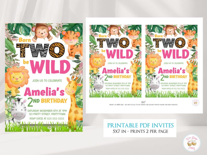 Zaproszenie na urodziny „Dwa dzikie” dla chłopca lub dziewczynki na drugie urodziny, zaproszenie na imprezę „Zwierzę z Safari Jungle Zoo” dla dwojga, bądź dziki do wydrukowania zdjęcie 4