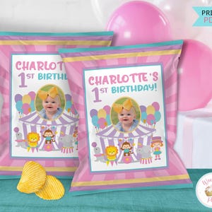 Circus Birthday Custom Chip Bags, 1st Birthday Girl Circus Party Favors Chip Bag Labels, Carnival Tent Circus Theme Printable Chip Bags