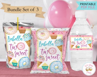 2-jarig meisje 2e verjaardagsbedankjes, twee zoete verjaardagsversieringen, tweede verjaardag meisje ijsje donut verjaardagsfeestje printables