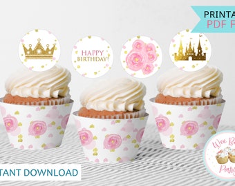 Princess Cupcake Toppers & Wrappers, Printable Princess Crown Party Decorations, Pink and Gold Happy Birthday Supplies -  INSTANT DOWNLOAD
