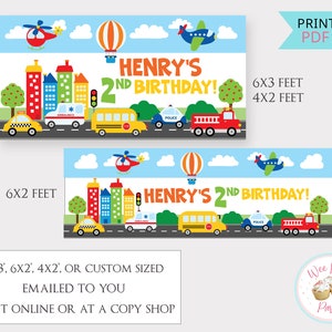Transportation Birthday Banner, Truck Car Theme Birthday Name Banner Backdrop, Personalized 2nd Birthday Boy Transportation Party Wall Decor image 2