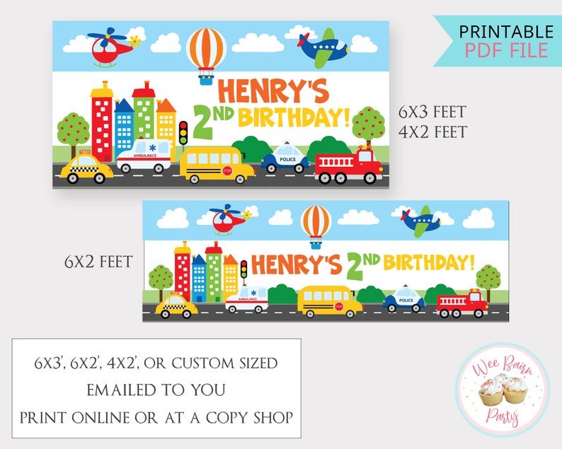 Transportation Birthday Banner, Truck Car Theme Birthday Name Banner Backdrop, Personalized 2nd Birthday Boy Transportation Party Wall Decor image 2