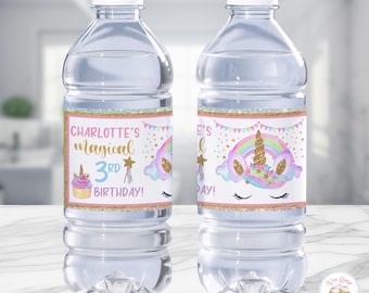 Unicorn Birthday Custom Water Bottle Labels, Unicorn Party Favors Water Bottle Sticker, Printable 3 Year Old Rainbow Unicorn Decorations