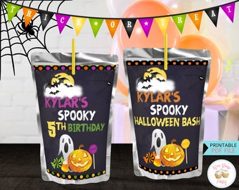 Halloween Birthday Juice Pouch Label, Kids Halloween Party Favors Drink Pouches, Printable Halloween Birthday Party Decorations -  PDF