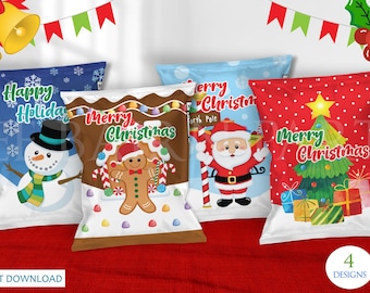 May include: Four festive Christmas-themed treat bags with various designs. One bag features a snowman, another a gingerbread man, a third Santa Claus, and the last a Christmas tree. Each bag has holiday greetings.