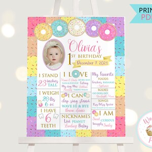 Donut Birthday Chalkboard Sign, Donut Party Milestone Board Printable Poster, Baby Girl 1st 2nd Two Sweet Birthday Donut Decorations- PDF