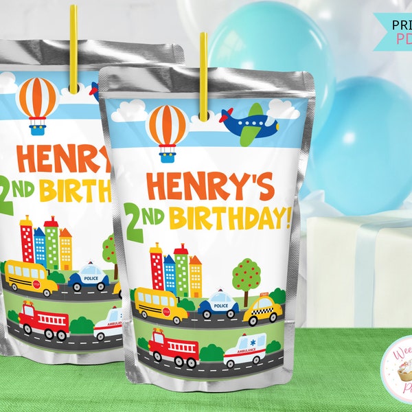 Transportation Birthday Party Juice Pouch Labels, Truck Car Themed Birthday Drink Pouches Printable, 2nd Birthday Boy Party Favors Decor