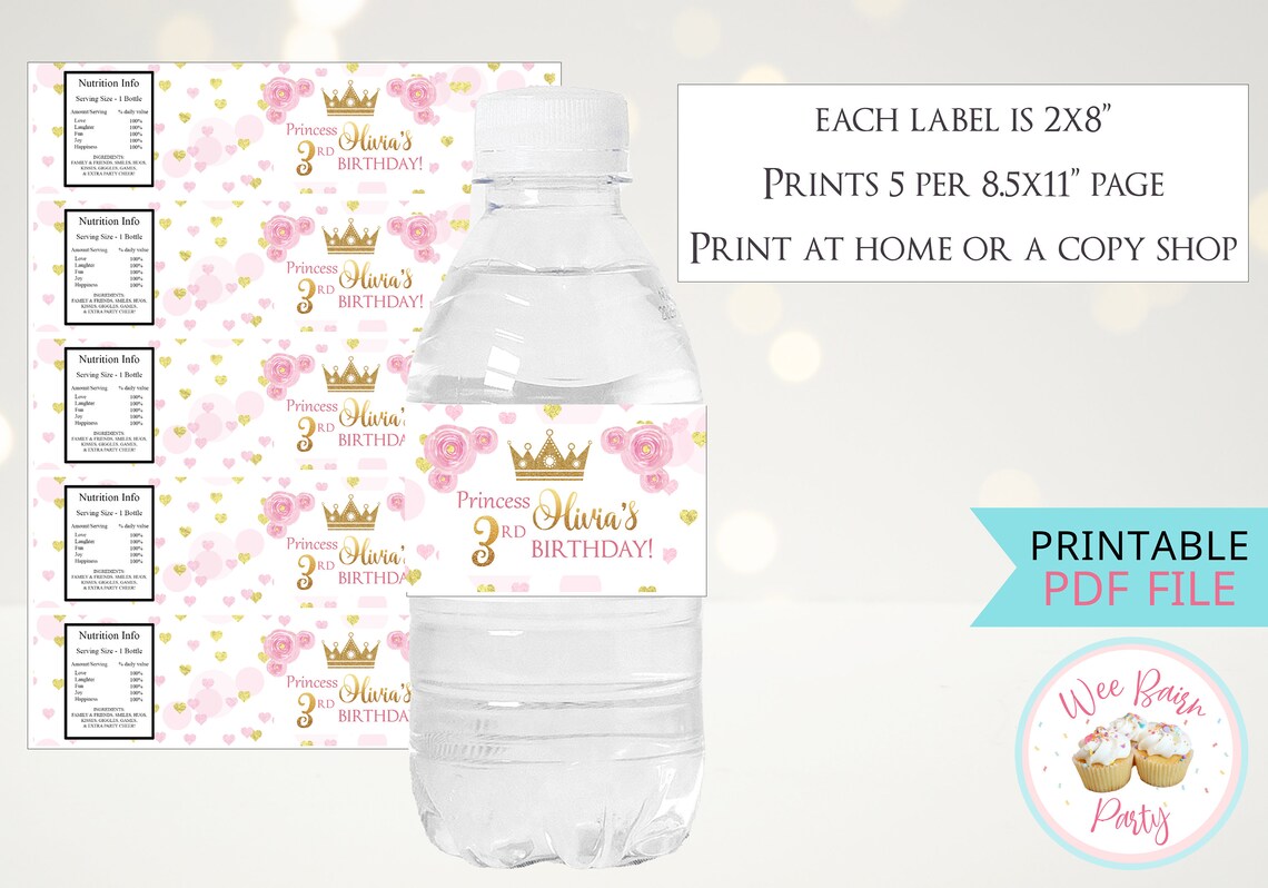 Princess Crown Water Bottle Labels Princess Party Printable - Etsy