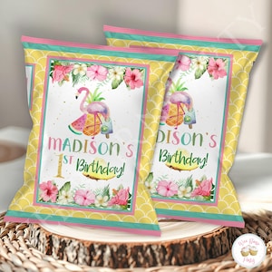Luau Flamingo Tropical Party Custom Chip Bags, Hawaiian Pineapple Party Printable Birthday Chip Bag Labels, Do It Yourself Birthday Decor