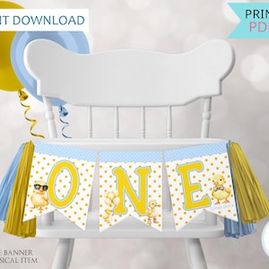 One Lucky Duck High Chair Banner, Baby 1st Birthday Boy and Girl ONE Pennant Banner, Rubber Duck First Birthday Decorations Printable - PDF