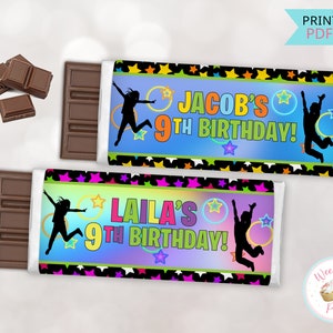 Trampoline Bounce Birthday Candy Bar Wrappers, Jump Party Favors Chocolate Candy Bar Labels, Printable Bounce House Party Decorations - PDF