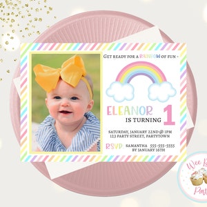 Pastel Rainbow 1st Birthday Invitation, Watercolor Rainbow Party Decor, Digital Printable First Birthday Girl Rainbow Invitation - PDF