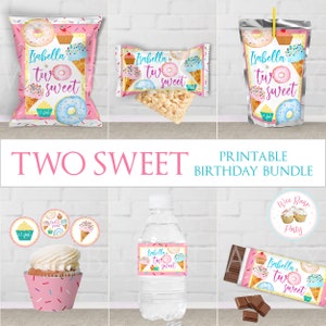 Two Sweet Birthday Party Favor Bundle, 2 Year Old Birthday Girl Printable Package, Ice Cream Donut Second Birthday Custom Decorations - PDF