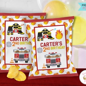 Firefighter Birthday Custom Chip Bags, Printable Firetruck Birthday Chip Bag Labels, Fireman Fire Engine Chips Bag Party Favors - PDF