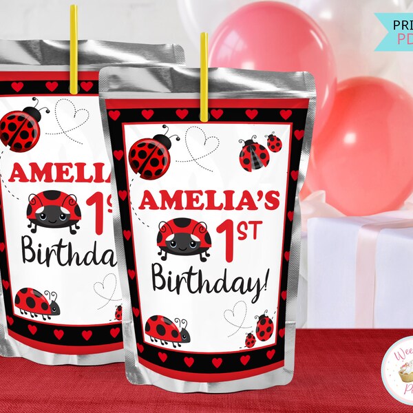 Ladybug Birthday Juice Pouch Labels, Drink Pouches Ladybug Stickers Party Printable, 1 Year Old Birthday Ladybug Favors & Decorations - PDF