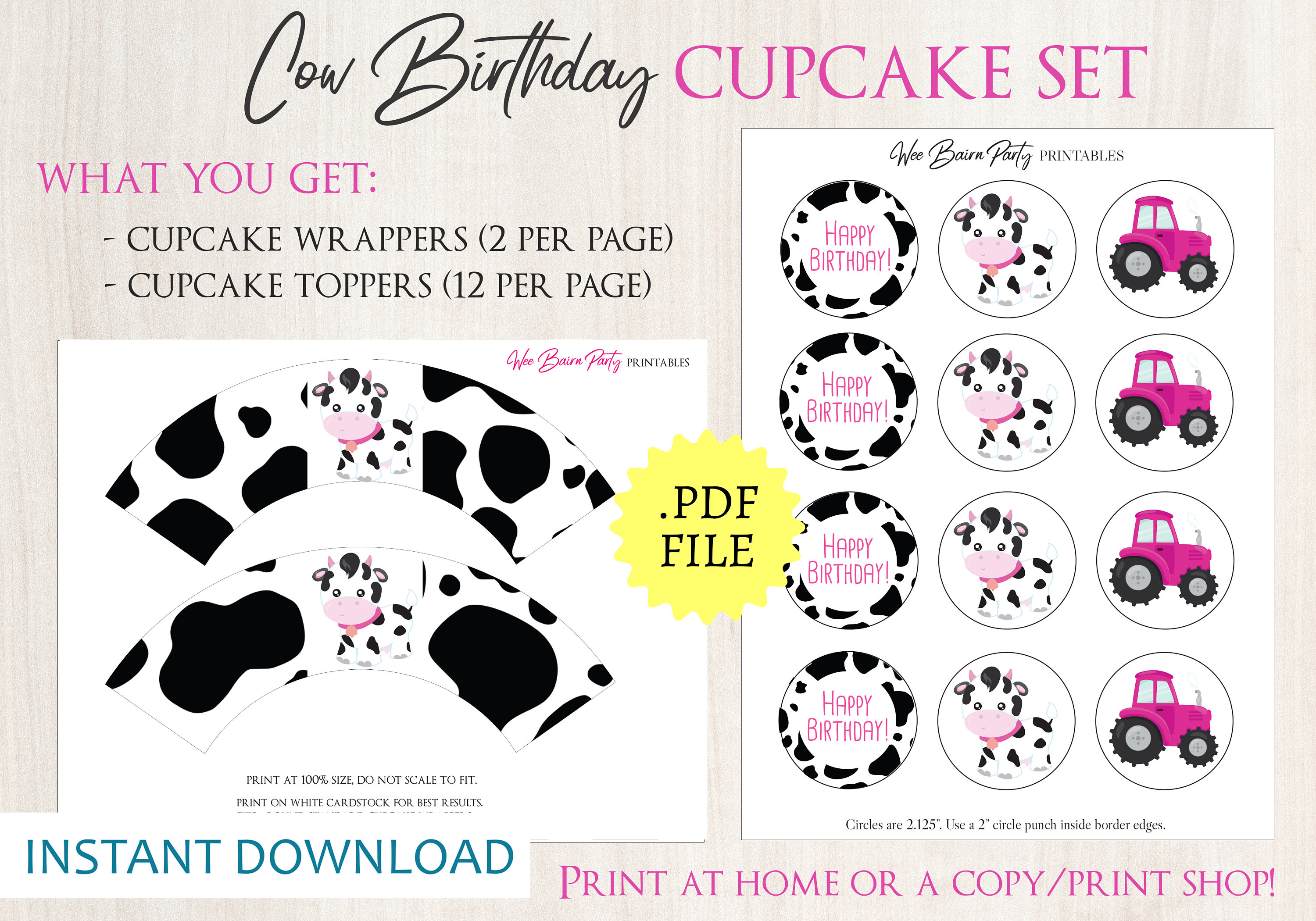 Cow Birthday Cupcake Toppers Printable Farm Animal Party Cup | Etsy