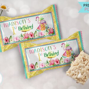 Luau Flamingo Tropical Party Rice Krispy Treats Labels, Hawaiian Pineapple Party Rice Crispy Labels, Do It Yourself Birthday Decorations