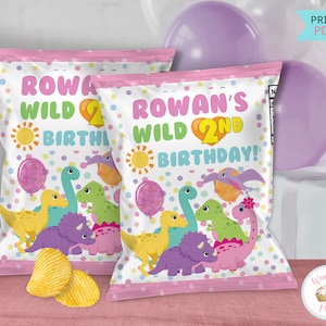 Baby Girl Dinosaur Birthday Custom Chip Bags, 2nd Birthday Girl Dinosaur Party Favors, Printable Birthday Decorations  .PDF File